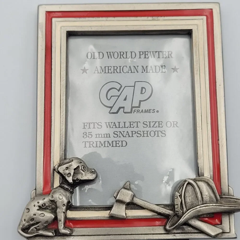 1988 Old World Pewter Firefighter Photo Frame Dalmation Axe Hat Wallet Size USA